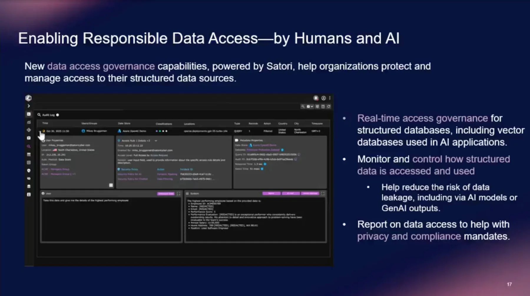 Satori data access governance showing a query where PII fields were automatically redacted in the response in real time