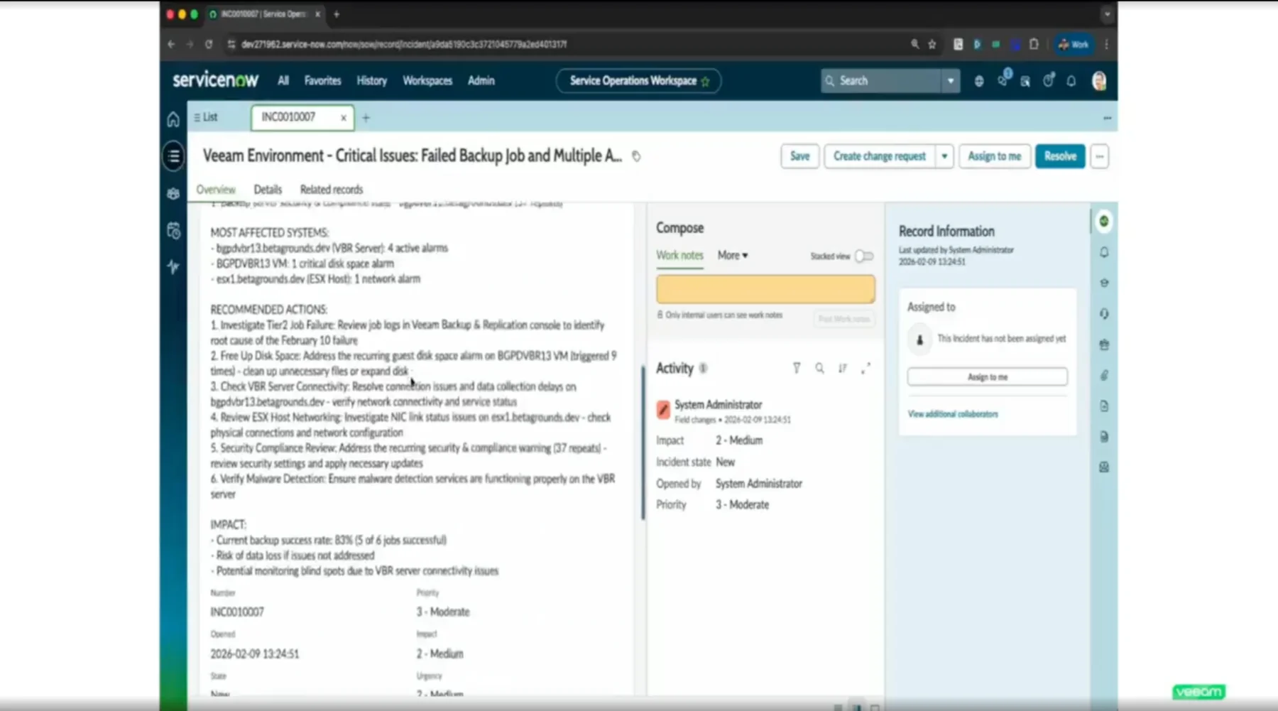ServiceNow incident ticket automatically created from the Veeam MCP integration showing backup failure details populated from the AI-generated report